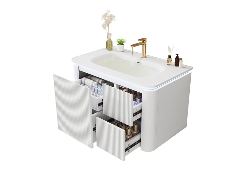 Meuble vasque salle de bain suspendu 80,5x47,5x51 cm, armoire avec led, 4 tiroirs, style moderne, mdf blanc, design - Conforama A