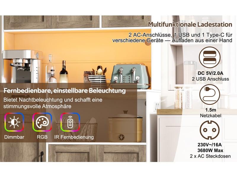 Armoire de rangement haute cuisine avec éclairage led et prises, buffet 6 portes et 1 tiroir, vitrine pour salon et salle à manger, 110 × 40 × 180 cm - Conforama E