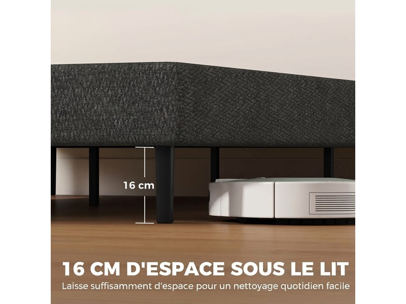  Sommier tapissier 140x190 cm, cadre de lit avec revêtement en chenille, 10 lattes bois, 9 pieds stables, gris  - Conforama R