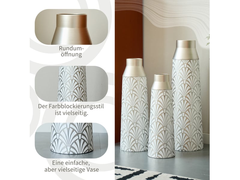 Lot de 3 vases de sol 43,5 à 61 cm blanc et argent en métal, motif éventail pour fleurs séchées - Conforama E