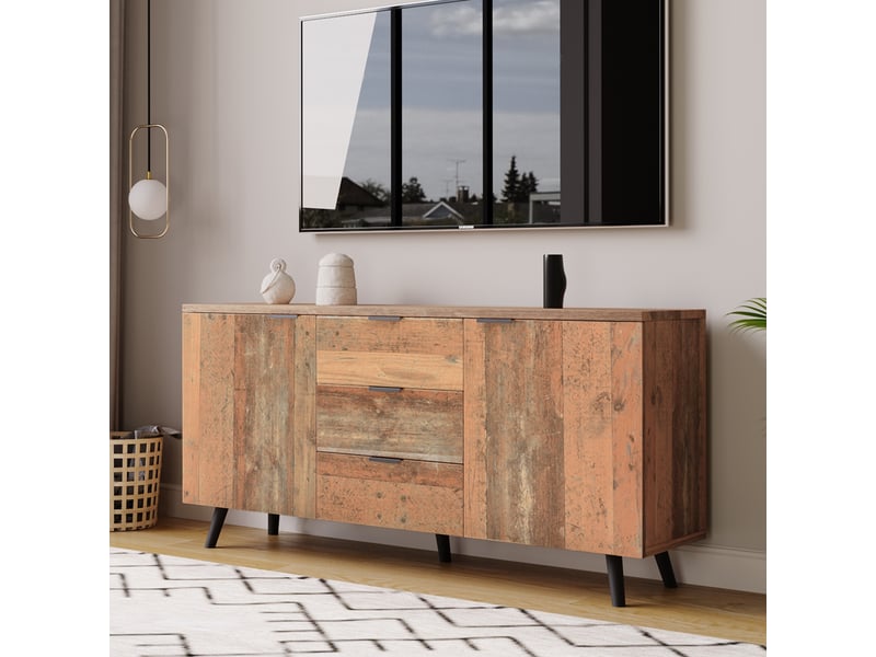  Buffet 140x35x70cm avec 3 tiroirs, design décoratif à motif de bois, style rétro, panneaux de particules, brun antique  - Conforama W