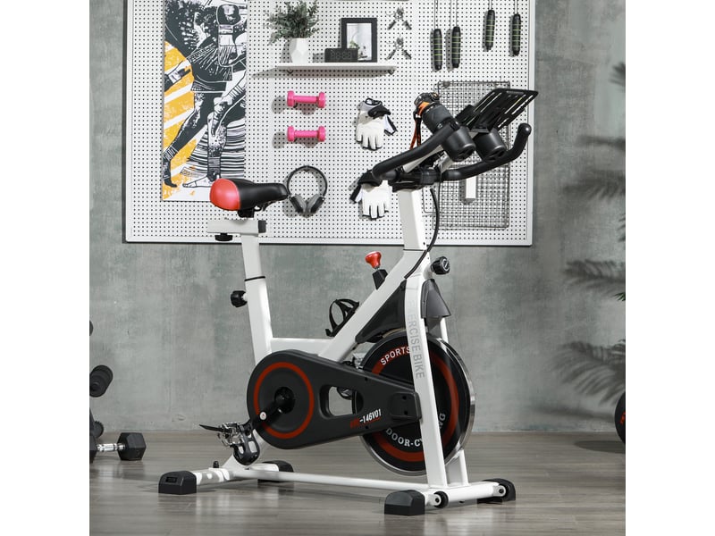  Vélo d'appartement avec résistance réglable, volant d'inertie de 8 kg, écran lcd, guidon et selle réglables, blanc  - Conforama D