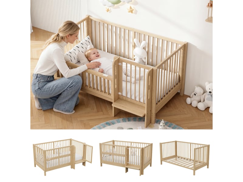  Lit bébé évolutif 140x70 cm lit cododo pin massif naturel avec barrière de sécurité et marchepied intégré  - Conforama B