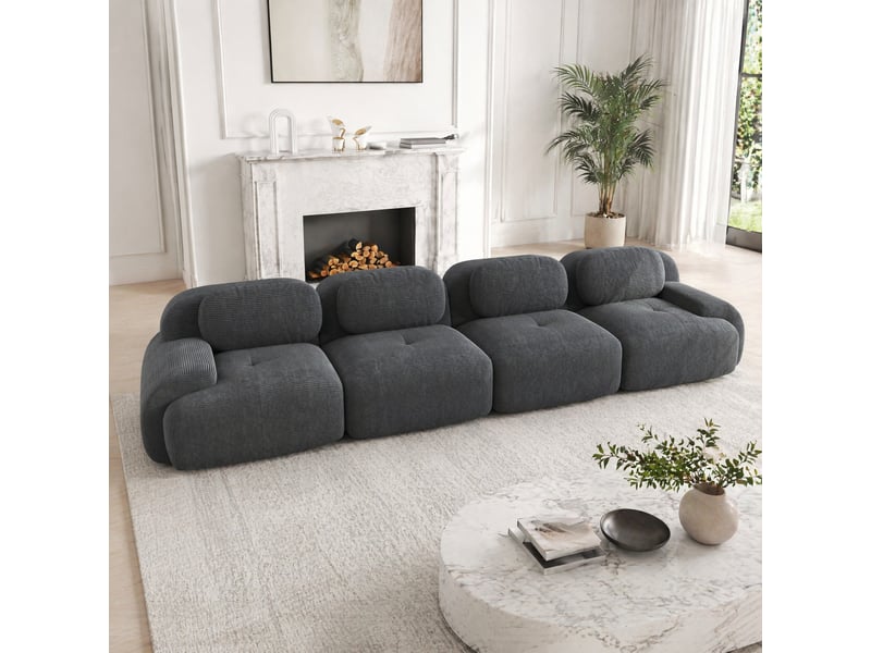  Canapé modulaire 4 places avec assise 32d et accoudoirs arrondis, sans montage, en velours côtelé gris  - Conforama B