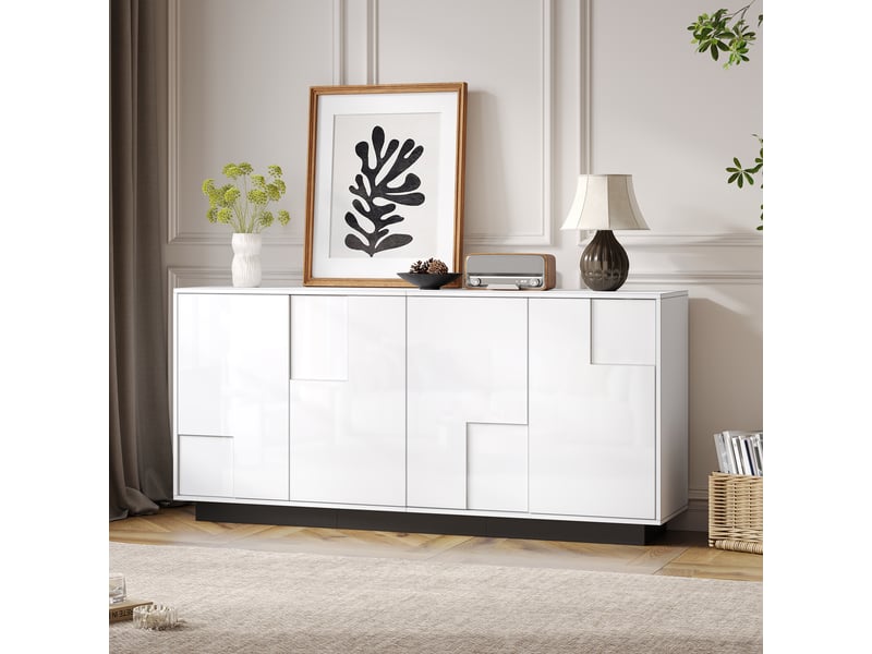  Buffet moderne 160x37x75,5 cm, meuble bas avec 4 portes blanches et pieds noirs, idéal pour petit espace salon  - Conforama B