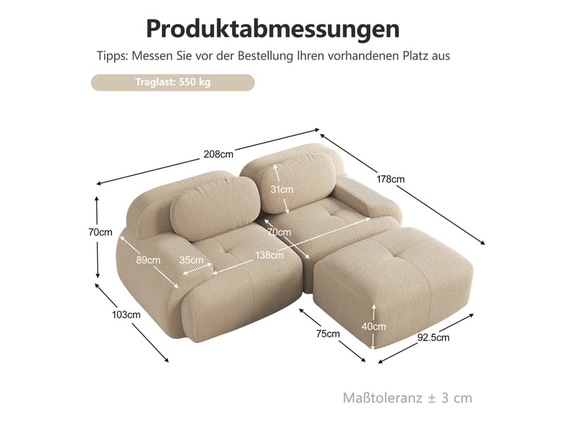  Canapé d'angle modulable 2 places en velours côtelé beige  - Conforama E