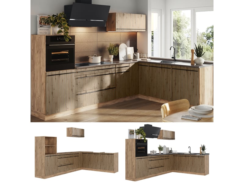  Vicco cuisine en angle, chêne artisanchêne doré, 287 x cm plan de travail chêne doré  - Conforama D