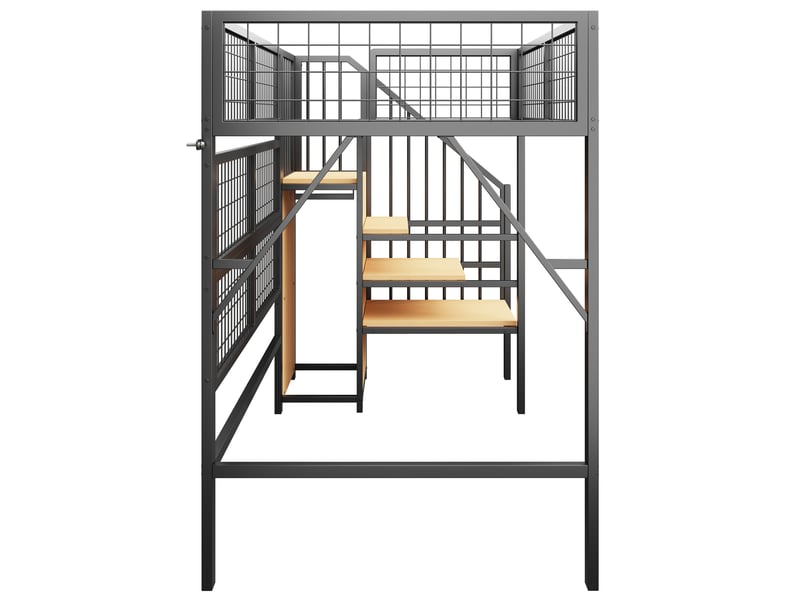  Lit mezzanine avec led connectée et rangements, métal noir, 90x200 cm, escalier et penderie ouverte  - Conforama E