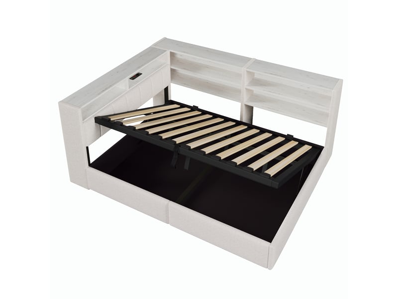 Canapé-lit 140 x 200 cm, suspension hydraulique, prise électrique, caisson latéral réversible (gauchedroite) avec port usb et éclairage led, sans matelas, velours blanc crème.  - Conforama D