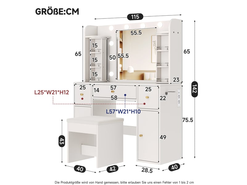  Coiffeuse 115x40x142 cm avec miroir, led, organiseur bijou rotatif, usb-c, support sèche-cheveux, panneau blanc, déco  - Conforama C
