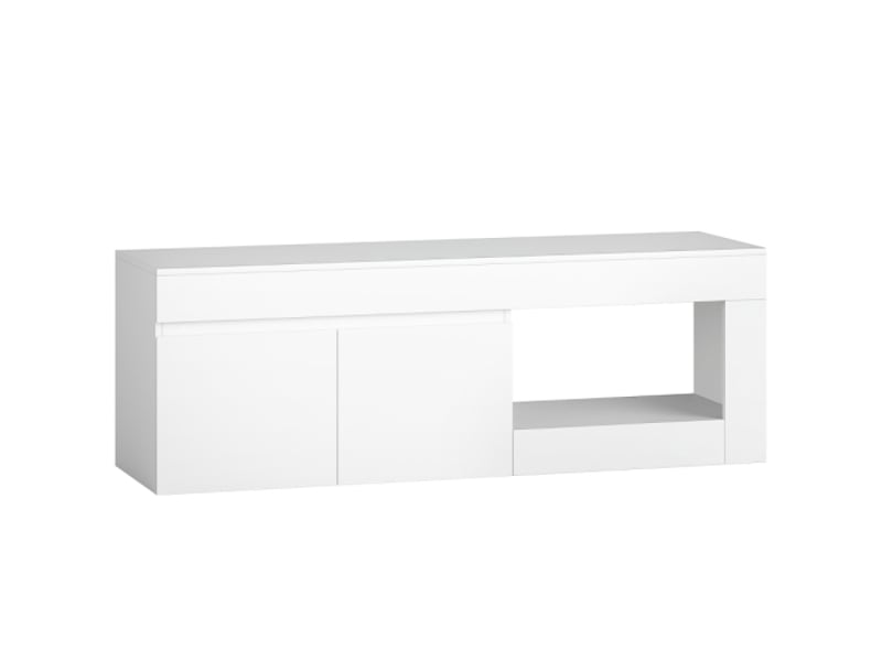  Meuble tv bas blanc moderne – 2 portes, rangement ouvert, poignées – 140x40x48 cm – tv jusqu'à 60 pouces  - Conforama A