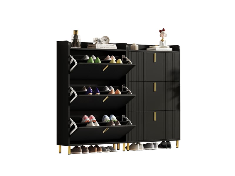  Lot de 2 meubles à chaussures avec 3 abattants, étagères réglables, pour entrée en mdf noir 80 × 23 × 123,5 cm  - Conforama A