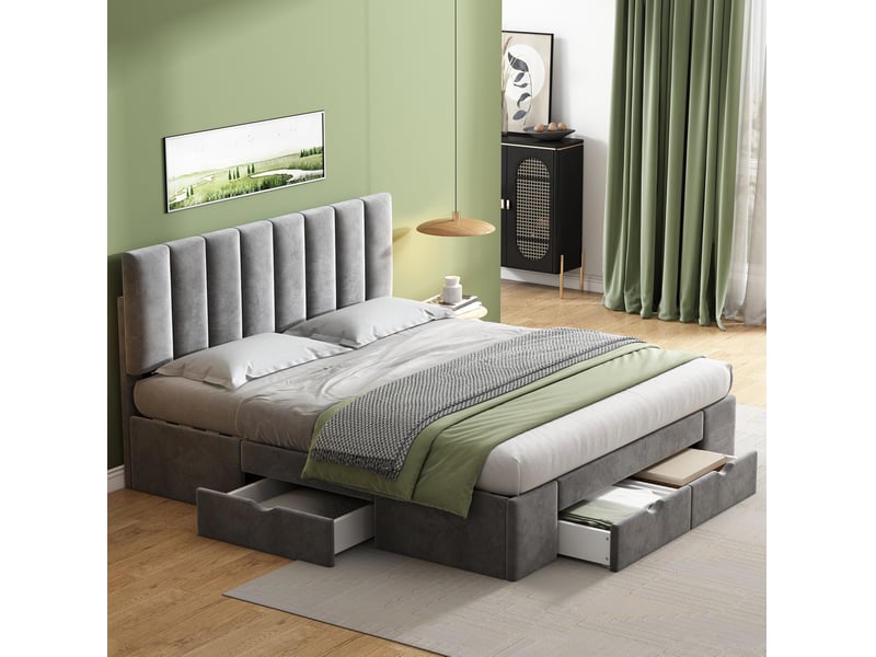  Modenvie lit capitonné 160x200 cm - 4 tiroirs, tête de lit réglable, sommier inclus - gris  - Conforama B
