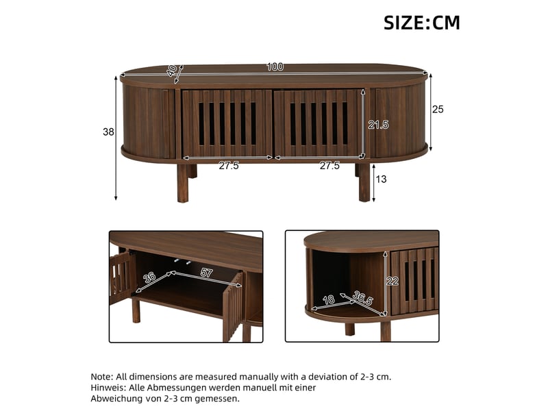 Table basse salon 100x40x38 cm avec rangement, 2 portes persiennes et porte coulissante, design ovale en mdf - noyer - Conforama E