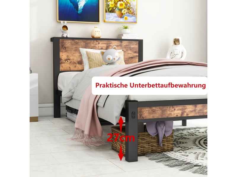  Lit enfant 90x200 cm avec sommier à lattes, lit métal avec bois brun antique, sans matelas  - Conforama D