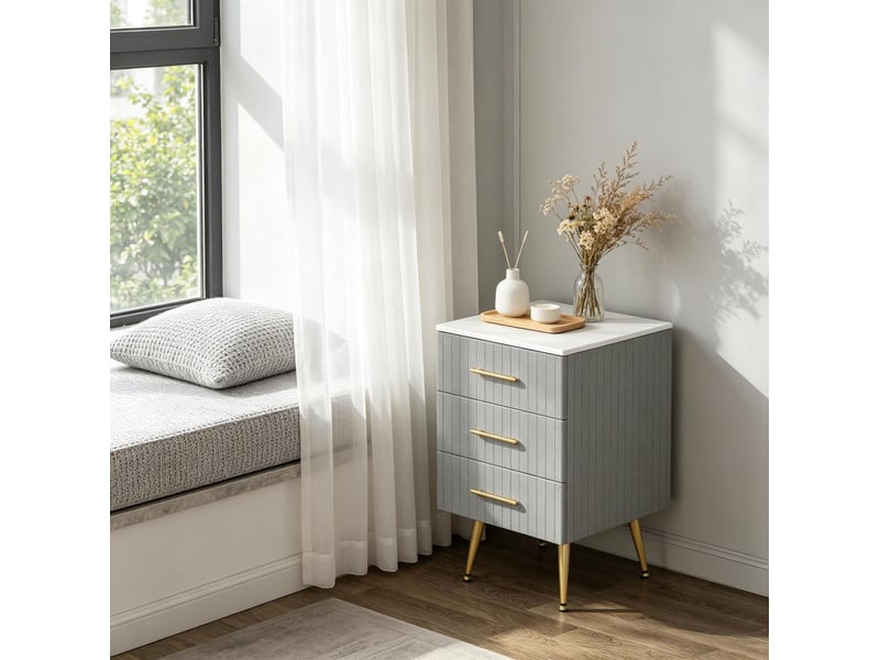  Table de chevet grise à 3 tiroirs 62 x 40,5 x 41 cm en velours et métal  - Conforama D