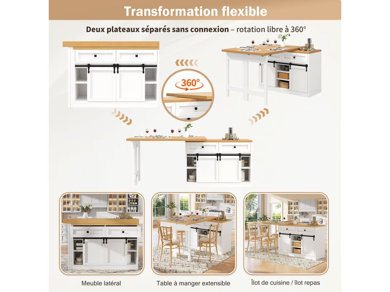  Îlot de cuisine extensible blanc,2 tiroirs et étagères réglables,table à manger rotation 360°,en mdf et métal,120-197x40x72cm  - Conforama D