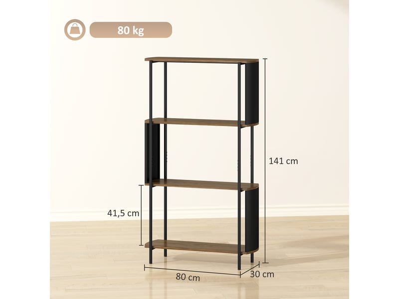  Étagère de rangement, bibliothèque à 4 niveaux avec panneaux latéraux incurvés, cadre en acier, 80x30x141cm, marron  - Conforama E