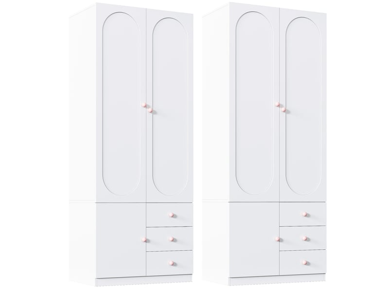  Lot de 2 armoires enfant - 80x50x200 cm - armoires avec 2 portes et 3 tiroirs, penderie et poignées en céramique - blanc  - Conforama A