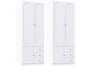 Lot de 2 armoires enfant - 80x50x200 cm - armoires avec 2 portes et 3 tiroirs, penderie et poignées en céramique - blanc