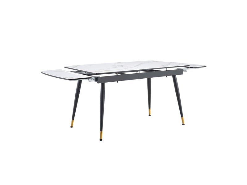  Table repas extensible, table à manger moderne, 140-200 cm, plateau blanc effet marbre, métal noir, détails dorés  - Conforama W