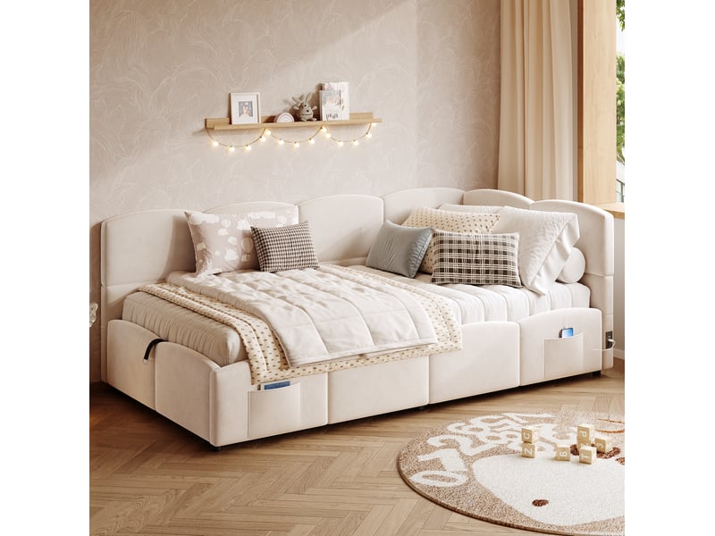  Modenvie lit banquette coffre 90x200 cm - rangement hydraulique, usb-a et usb-c, sans matelas - beige  - Conforama E