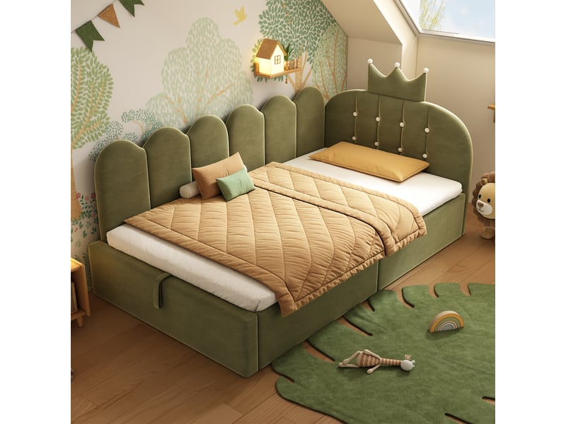  Lit banquette 90 x 190 cm avec coffre hydraulique et dossier latéral, velours vert  - Conforama B