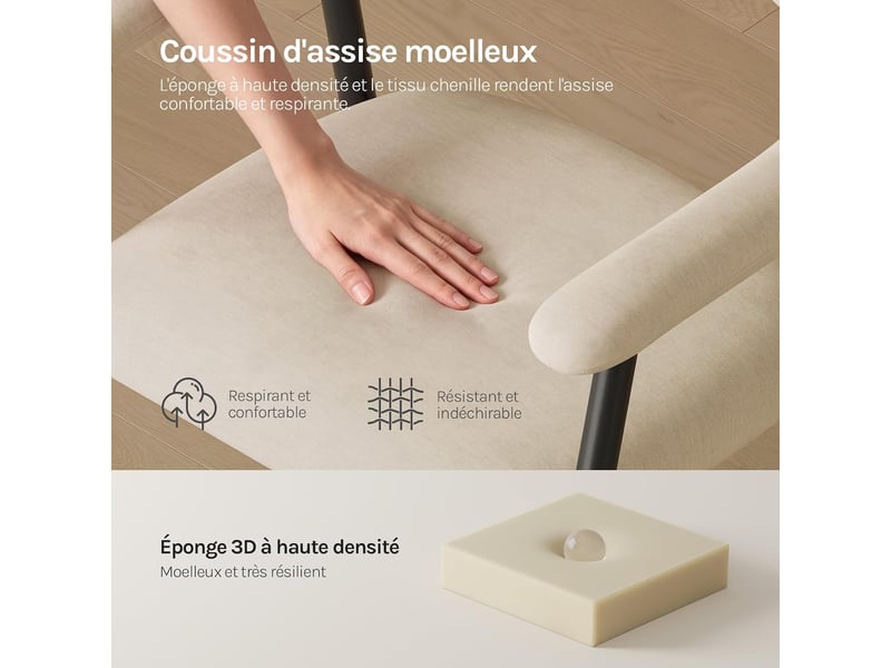  Lot de 2 chaise de salle à manger, beige,en chenille et métal, siège rembourré, dossier et accoudoirs intégrés  - Conforama C