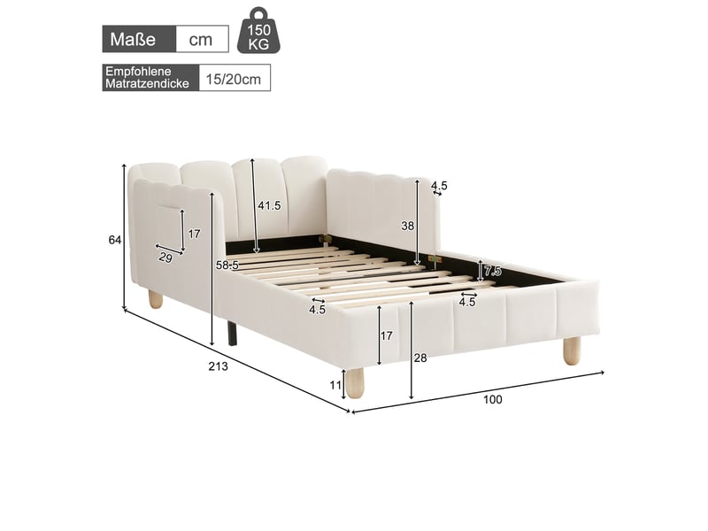  Lit enfant simple 90×200 cm, barrière et tête de lit rembourrée - okmyhome- velours beige, sans matelas  - Conforama D