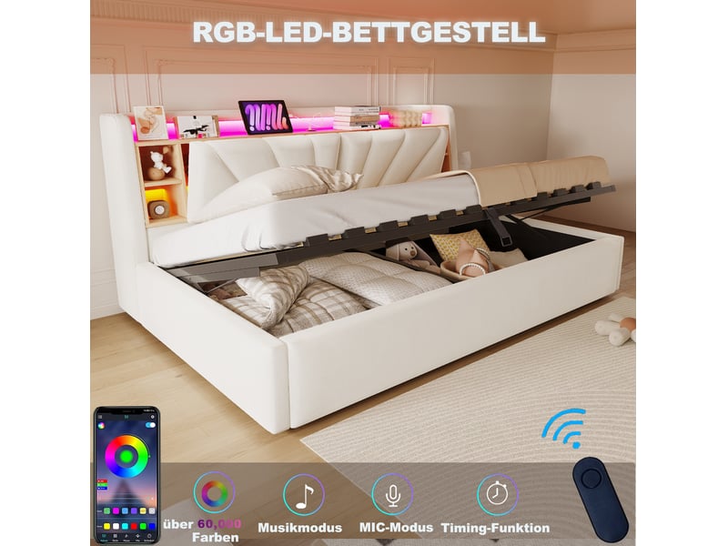 Lit banquette 90x200 cm, coffre hydraulique, dossier rangement, led et usb, 12 lattes, velours beige, sans matelas  - Conforama E