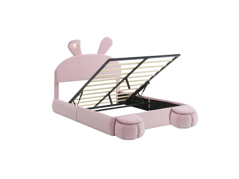  Lit coffre 140x200 cm, lit double enfant et design oreilles de lapin avec led, en velours, sommier à lattes avec 2 poufs de rangement, rose  - Conforama D