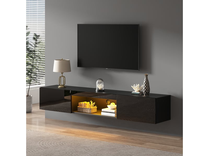  Meuble tv mural suspendu noir brillant avec led bluetooth - 160 cm pour téléviseur 70 pouces  - Conforama D
