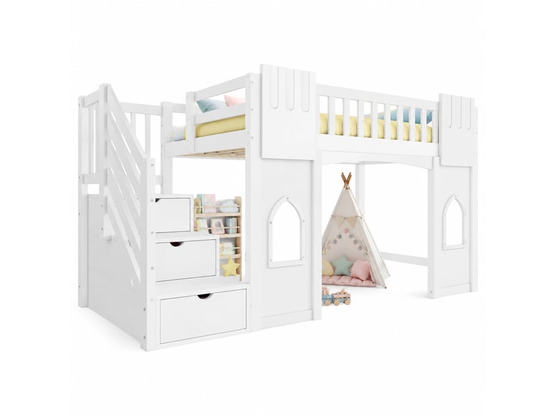  Lit mezzanine 200×90 cm avec escalier à 3 rangements et 2 fenêtres, garde-corps, en pin et mdf blanc  - Conforama A