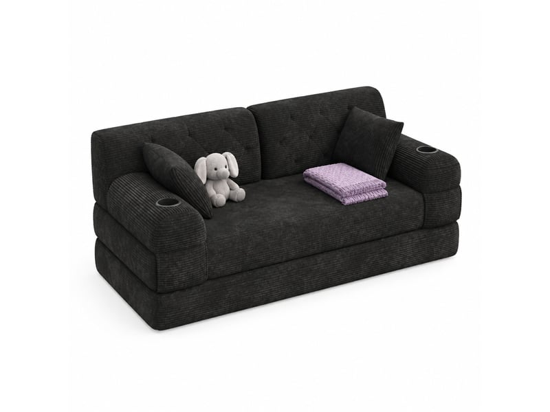 Canapé convertible 2 places 168.00×80.00×81.00 cm en velours côtelé avec porte-gobelets et poches latérales noir chicfurn - Conforama A