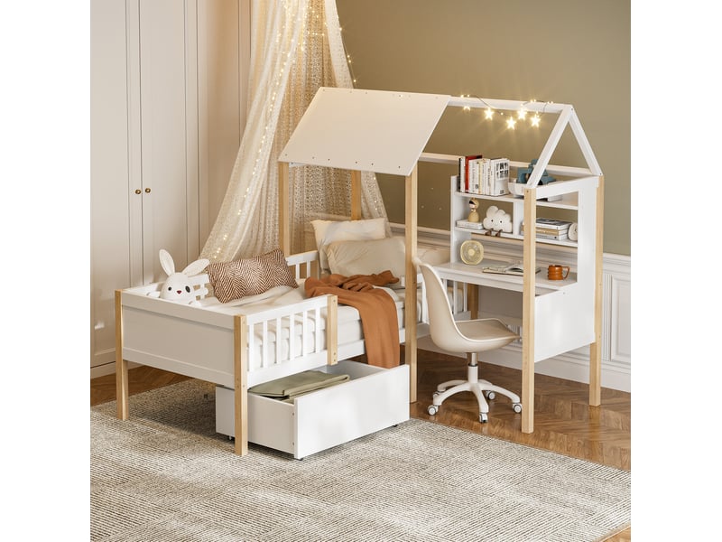  Lit enfant cabane 90 x 200 cm blanc et bois naturel avec bureau, bibliothèque et tiroir à roulettes  - Conforama D