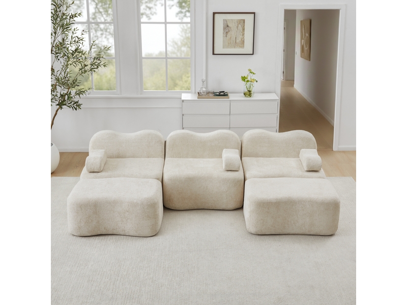 Canapé panoramique en u modulaire 3 places avec assises profondes et poufs, pour salon, en velours beige - Conforama B