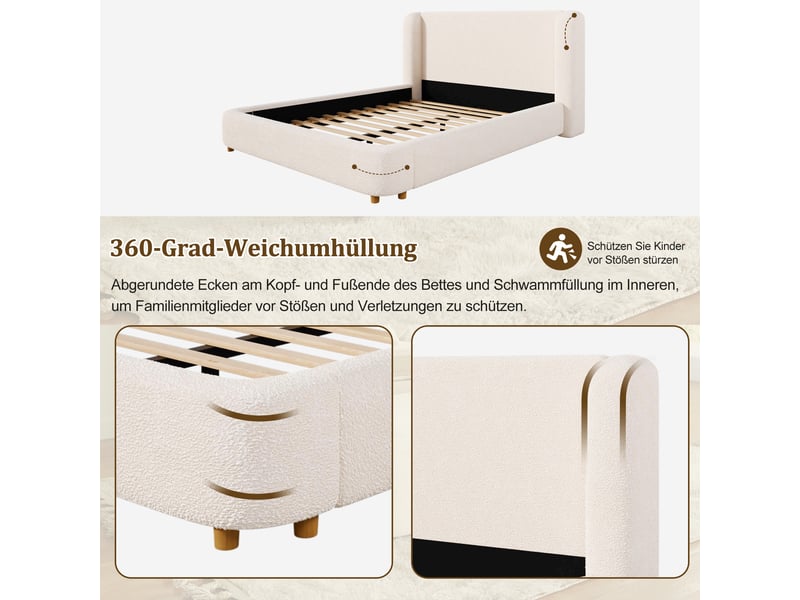 Lit double 180×200 cm tête de lit rembourrée  - sans matelas, bouclette et métal - beige  - Conforama E