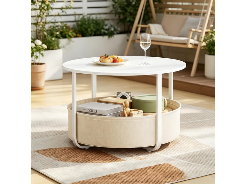  Table basse ronde avec panier de rangement - lpospi - pieds réglables, métal et toile beige blanc ø 80 × 50 cm  - Conforama C