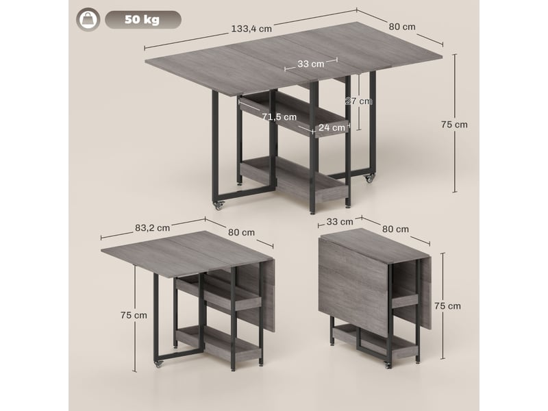  Table de salle à manger pliante,133,4x80x75 cm,2 étagères,mdf,grise  - Conforama C