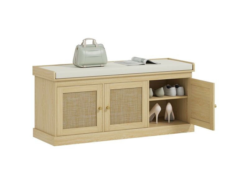  Banc chaussures entrée 9 paires, banc de rangement, 3 portes en rotin, coussin et étagère réglable, 105x35x47cm, chêne  - Conforama A