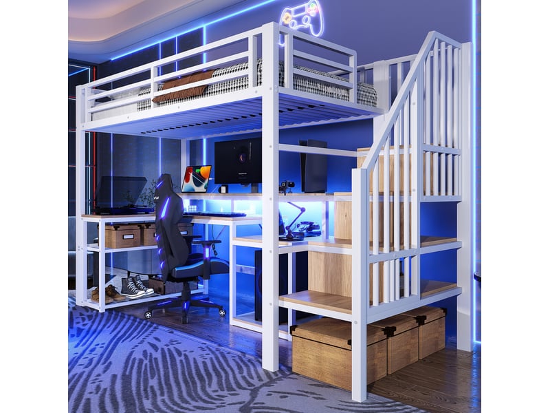  Lit mezzanine 90x200 cm avec bureau, rangements, led, usb et garde-corps blanc  - Conforama D