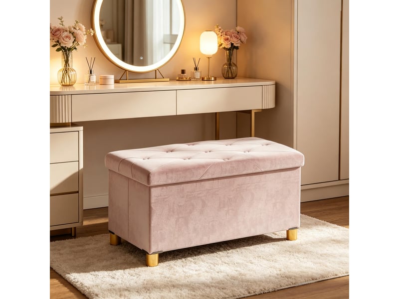  Banc de rangement pliable - 76 x 38 x 38 cm - rose - bout de lit capitonné de 67 l avec coffre et pieds en bois d'hévéa  - Conforama C