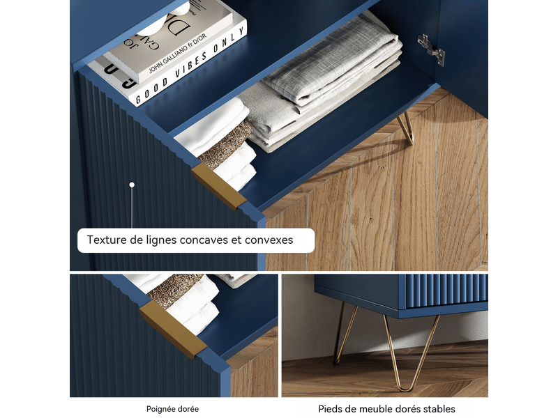  Buffet bleu 80 cm armoire de cuisine avec 2 portes, meuble de rangement avec poignées et pieds métal  - Conforama D