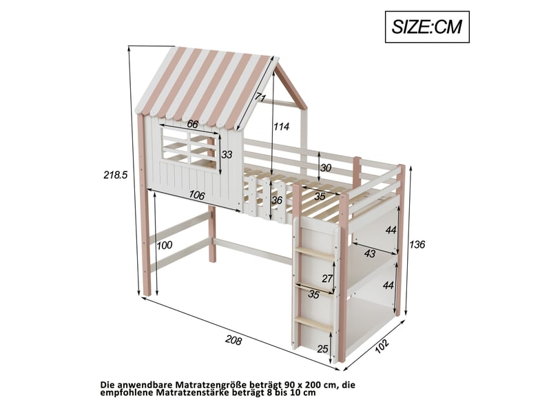 Lit mezzanine enfant cabane 90x200 cm avec échelle et rangement, rose - Conforama E
