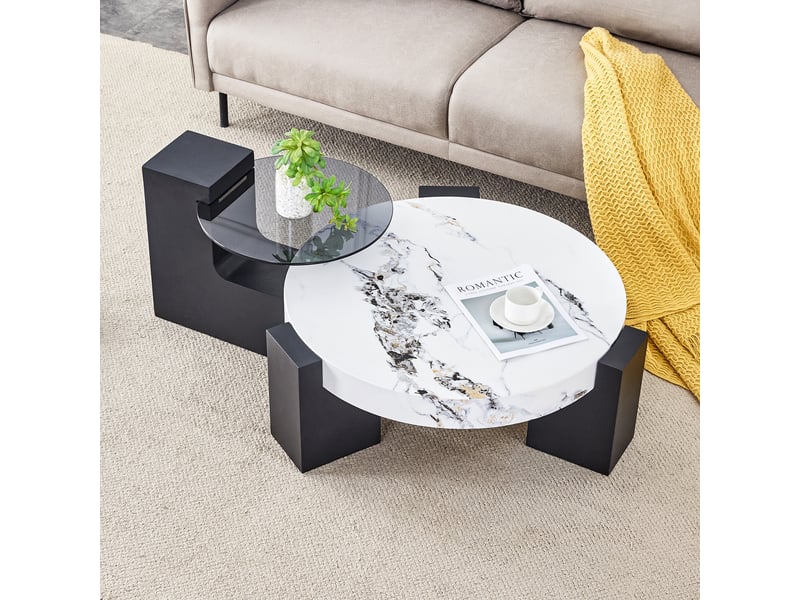 Tables basses gigognes démontables pour salon en mdf et verre 61×61×30 cm et 44×44×44 cm blanc et noir - Conforama B