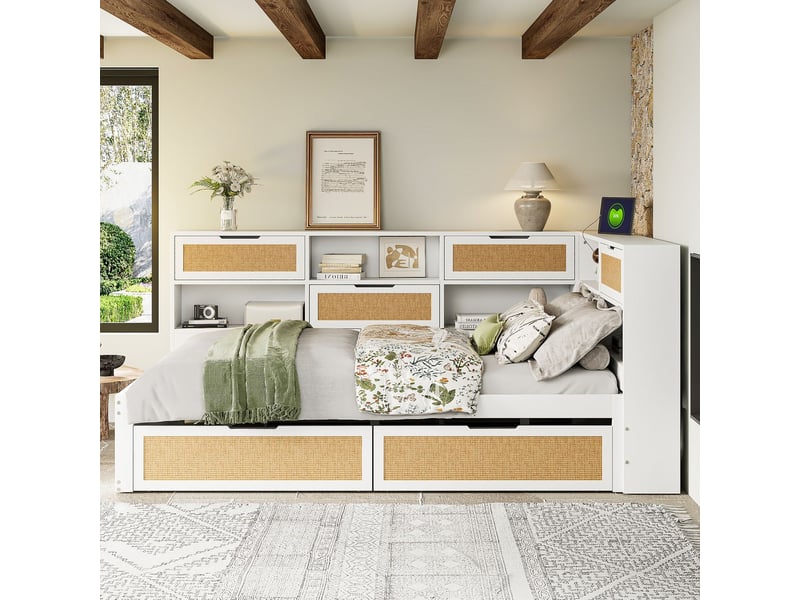  Lit avec tiroirs 140 x 200 cm bois massif blanc multifonctionnel compartiments de rangement port de charge  - Conforama D