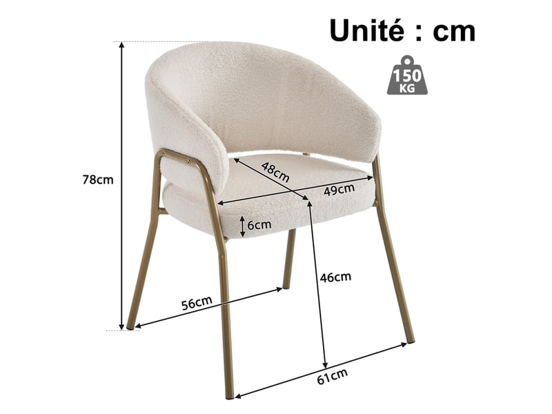  Chaises de salle à manger 4 pièces - ensemble de chaises modernes en tissu effet laine blanc avec pieds dorés, 49x48x78 cm  - Conforama C