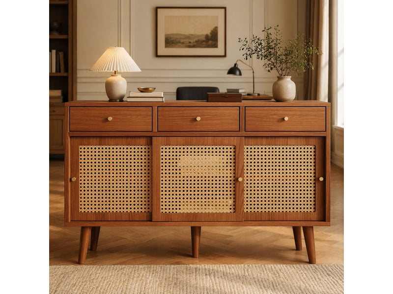  Buffet 3 portes coulissantes et 3 tiroirs en mdf, coloris noyer, 120 x 40 x 78 cm  - Conforama D