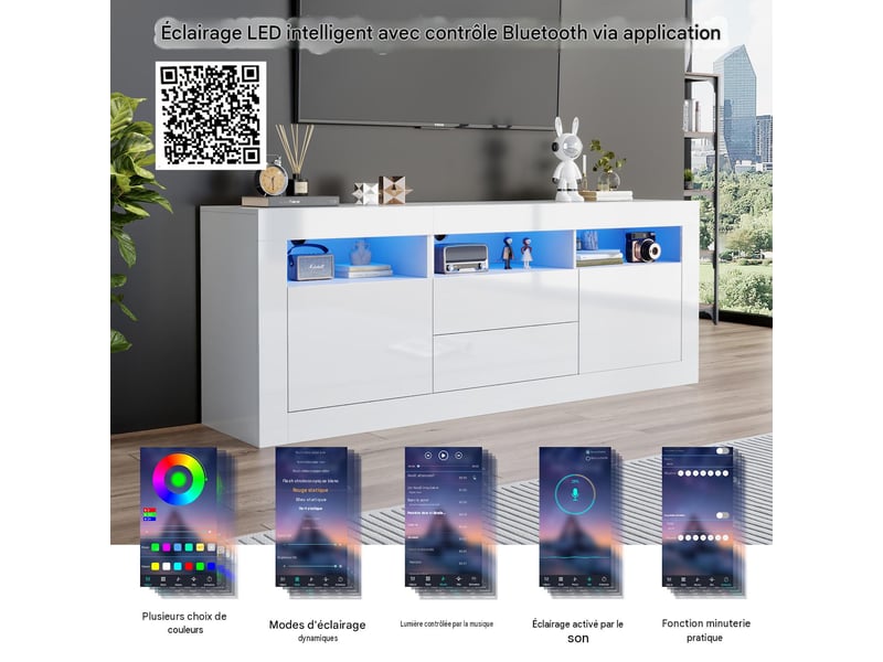  Meuble tv avec rangements et led en panneau de particules blanc 160x35x60 cm - pangivo  - Conforama D