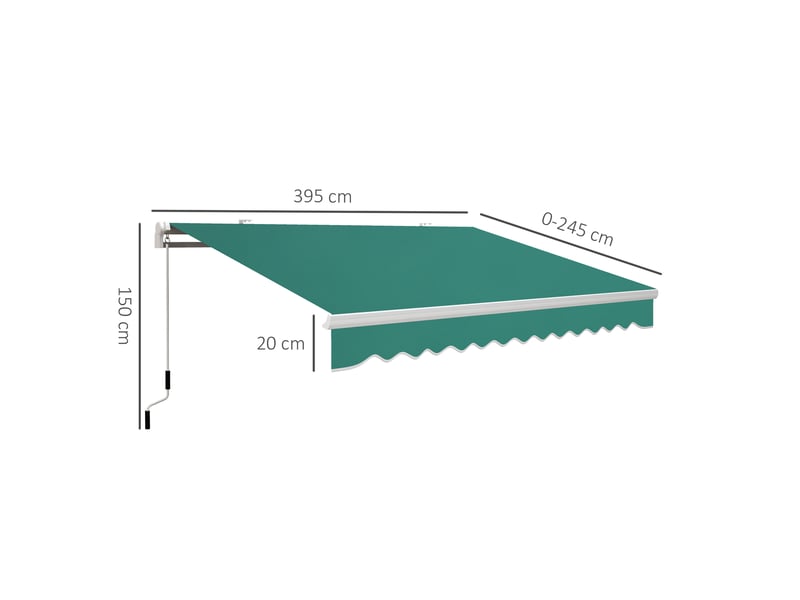  Store banne manuelle 395 x 245 cm avec manivelle, pour balcon, terrasse ou patio, en aluminium et toile polyester 280 gm², anti-uv, verte  - Conforama E